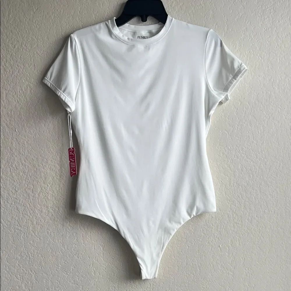 NWT PUMIEY Women's Square Neck short Sleeve Bodysuit Sexy in White in Size L